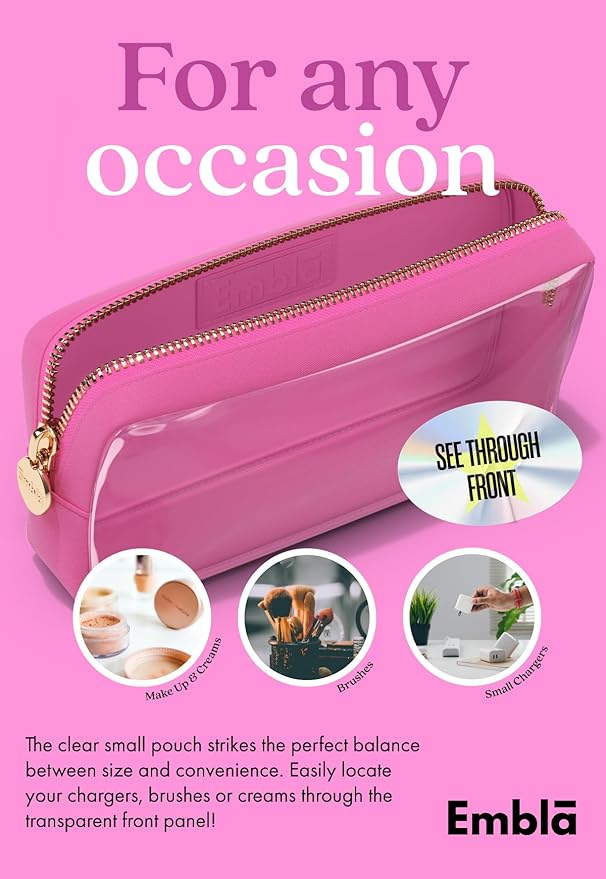 Embla Clear Cosmetic Bag Makeup Case, Clear Zipper Make Up Pouch and Toiletry Travel Tote, Cute Skincare Pouches for Women Girls, Preppy Purse Cosmetic Organizer, Small Makeup Bags, Bubblegum