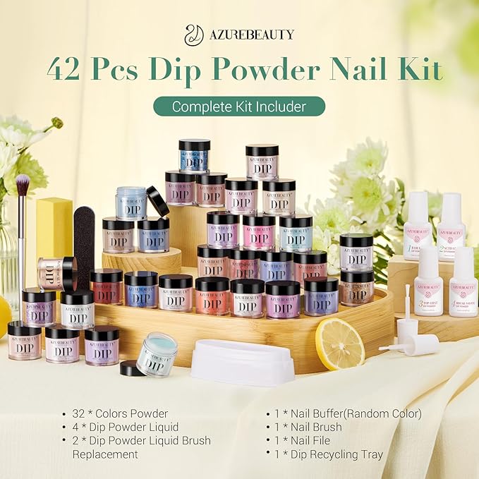 AZUREBEAUTY 42 Pcs Dip Nails Powder Starter Kit, 32 Hot Pink Blue Purple Color Changing Spring Dipping Powder Liquid Set with Base Coat/Top Coat/Activator for French Manicure Salon DIY.