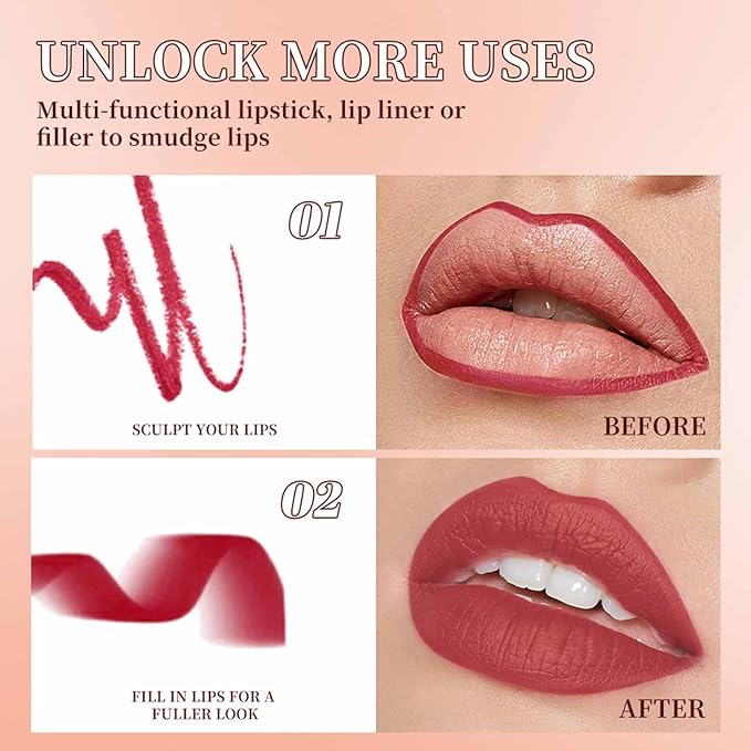 6Pcs 2 in 1 Matte Lip Liner and Lipstick Combo Set,Longwear No-Budge Multi-Purpose Long Lasting Waterproof Smudge-Proof Lipstick for Women