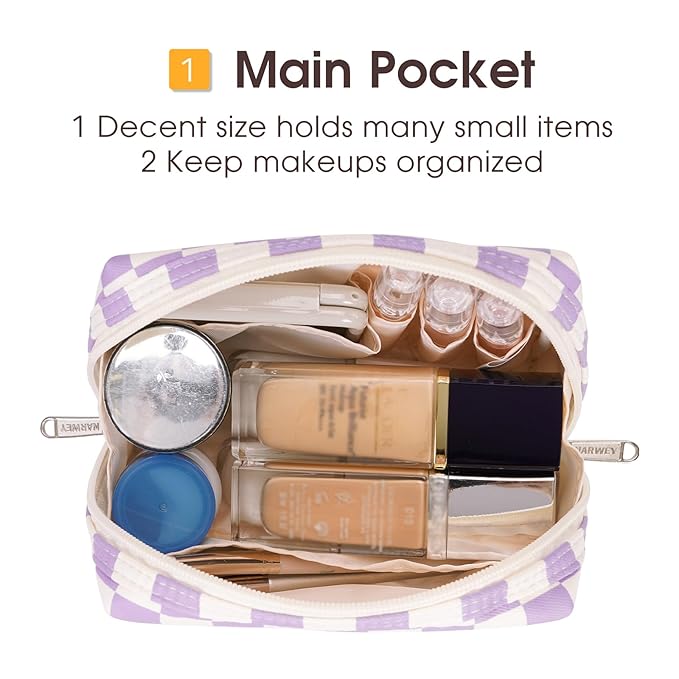 Narwey Small Checkered Makeup Bag for Purse Mini Cosmetic Bag Travel Makeup Pouch Zipper Pouch Cute Make up Bags with Compartments for Women Girls (Purple Checkerboard, Small)