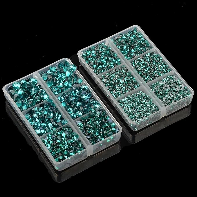 10000Pcs 2-Boxes Mixed Size Hot Fix Round Crystals Gems Glass Stones Hotfix Flat Back Rhinestones with Tweezers and Picking Pencil (Blue Zircon)