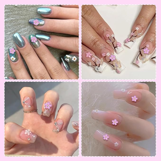 1000 Pcs Pink Colors Acrylic Flower Charms for Nails, Mix Sizes 3D Flowers Nail Charm, Flower Nail Art Charms with Caviar Beads, Blossom Spring Flowers Gems for Nails Art DIY
