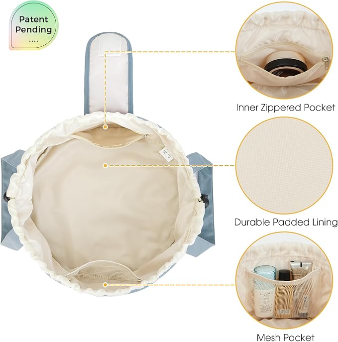 Narwey Barrel Drawstring Makeup Bag Large Floral Cosmetic Bag Make up Bags Toiletry Bag Travel Bags for Toiletries Organizer for Women Gift for Teen Girls (Greyish Blue) (Patent)