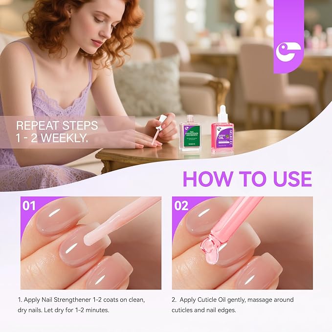 Gelike EC Professional Nail Care Kit: Nude Nail Strengthener and Growth & Watermelon Cuticle Oil (15ml) - Hydrating Protein Care for Dry Nails - Lightweight Non-Sticky - Perfect for Summer Manicures