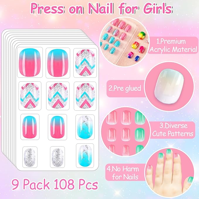108Pcs Fake Press on Nails for Kids,Acrylic Full Cover False Press on Nails Girls Stick on Nails for Kids Children Birthday Party Favors Gift Nail Art Decoration(9 Pack Gradient Style)