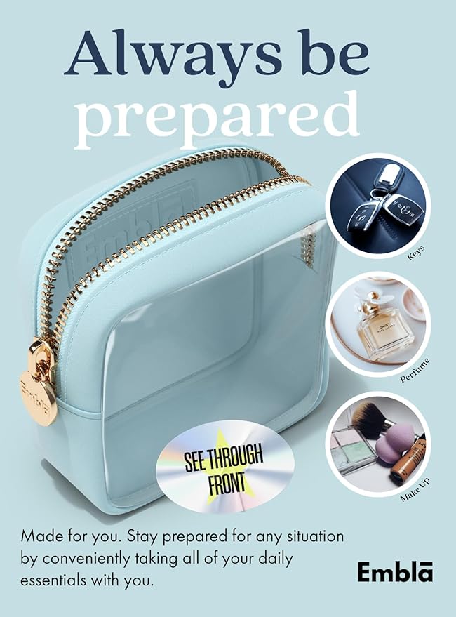 Embla Clear Cosmetic Bag Makeup Case, Clear Zipper Make Up Pouch and Toiletry Travel Tote, Cute Skincare Pouches for Women Girls, Preppy Purse Cosmetic Organizer, Mini Makeup Bags, Sky Blue