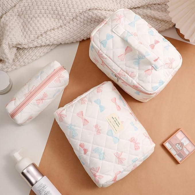 uekeboag Large Travel Quilted Makeup Bag for Women, Floral Cotton Cosmetic Bag, Coquette Aesthetic Floral Toiletry Organizer Bag