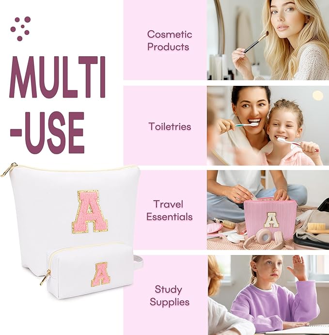 mibasies 2 PCS Initial Makeup Bags for Women: Cosmetic Bag for Travel Toiletry - Personalized Cute Makeup Pouch - Gifts for Grilfriend Wife Moms Bridesmaid - Retirement Travel Gifts - White E