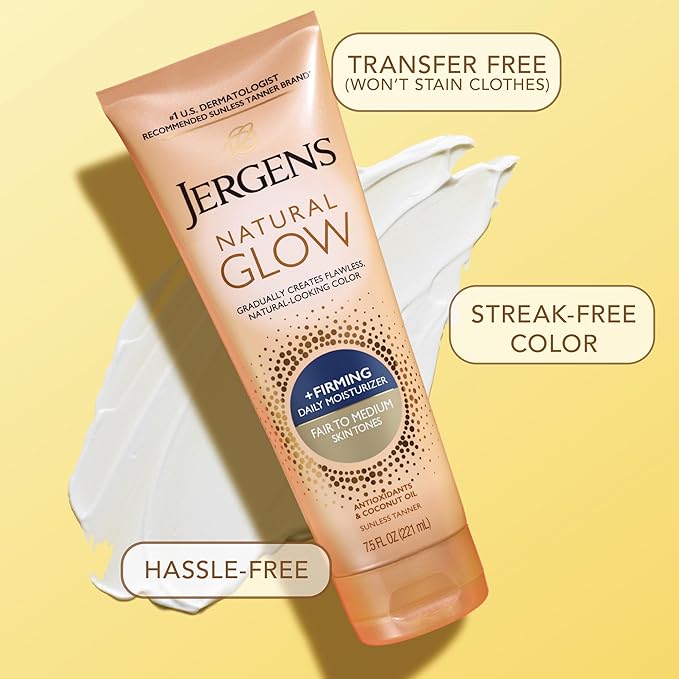 Jergens Natural Glow +Firming Self Tanner Body Lotion, Fair to Medium Skin Tone, Sunless Tanning Moisturizer with Collagen and Elastin. Helps to Visibly Reduce Cellulite, 7.5 Fl Oz