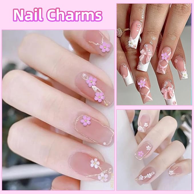 1000 Pcs Pink Colors Acrylic Flower Charms for Nails, Mix Sizes 3D Flowers Nail Charm, Flower Nail Art Charms with Caviar Beads, Blossom Spring Flowers Gems for Nails Art DIY