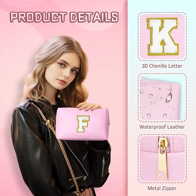 TOPEAST Preppy Pink PU Leather Makeup Bag with Gold Glitter Chenille Patch, 8.3in x 3.5in x 4.9in