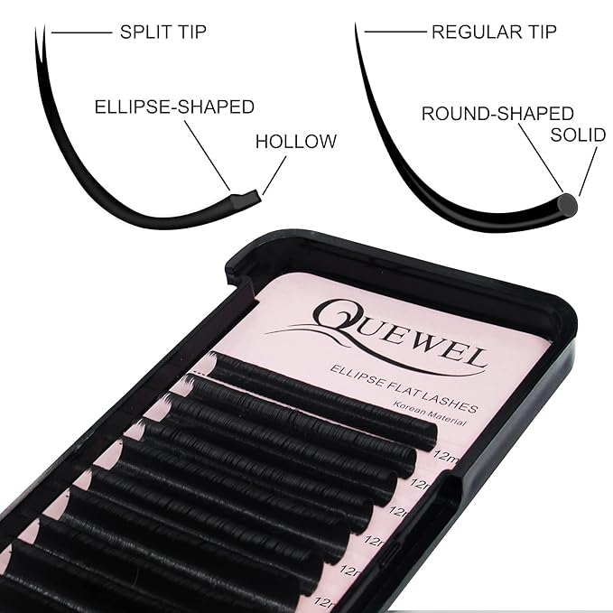 QUEWEL Eyelash Extensions Ellipse Flat 0.20mm Curl CC 12mm Matte Black | 0.15/0.20mm Curl C/D/DD Mix 8-15mm Single 8-18mm