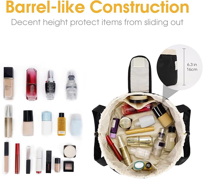 Narwey Barrel Drawstring Makeup Bag Large Cosmetic Bag Make up Bags Women and Girls Toiletry Organizer for Travel Toiletries Accessories Essentials (Black) (Patent)