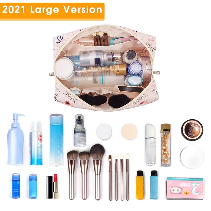 Narwey Cute Makeup Bag Travel Cosmetic Bag Organizer Toiletry Bag Make Up Bags with Compartments for Women Girls (Large, Beige Flamingo)