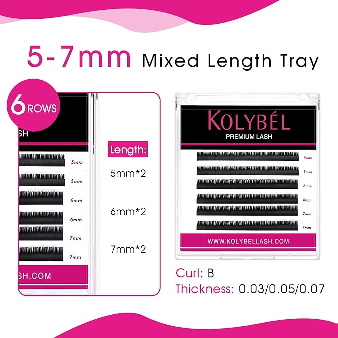 KOLYBEL Bottom Lash Extension 0.05 B Curl 5-7mm Mixed Length Tray Black Premium Eyelash Extensions Soft Under Lower Eyelash Extension for Salon Use (Bottom,0.05-B-5-7mm)