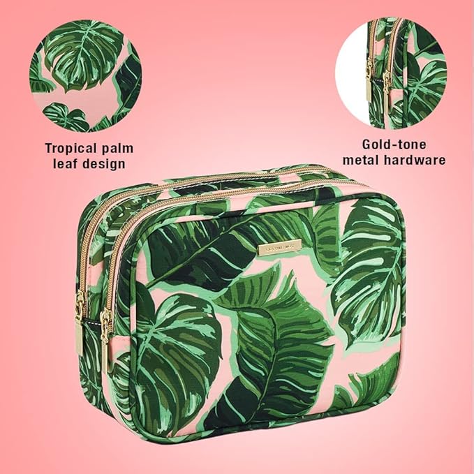 Conair Makeup Bag - Travel Toiletry Bag - Cosmetic Bag - Toiletry Bag for Women - Double Zip Organizer - Pink Palm Print