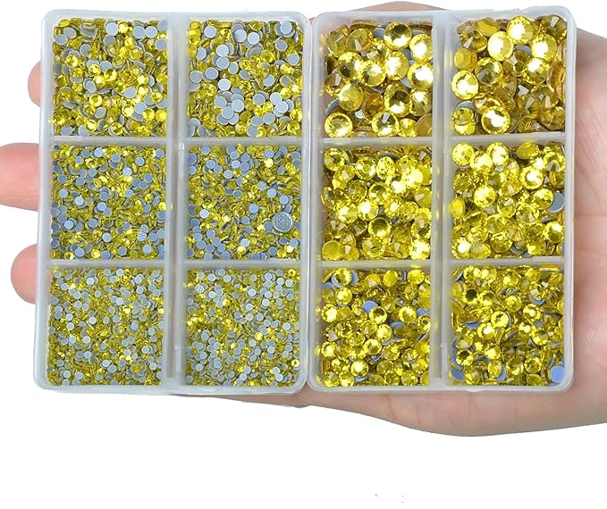 10000Pcs 2-Boxes Mixed Size Hot Fix Round Crystals Gems Glass Stones Hotfix Flat Back Rhinestones with Tweezers and Picking Pencil (Yellow)