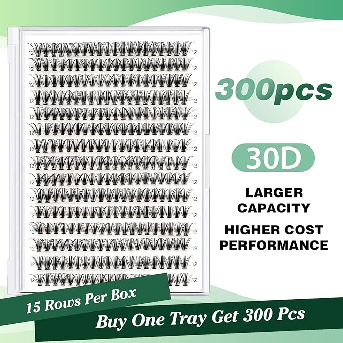 Lash Clusters 300pcs Eyelash Clusters 30D 0.07D Curl 12mm DIY Eyelash Extension KEYYOU Large Tray Volume Soft&Natural Individual Lashes(30D-0.07D,12)