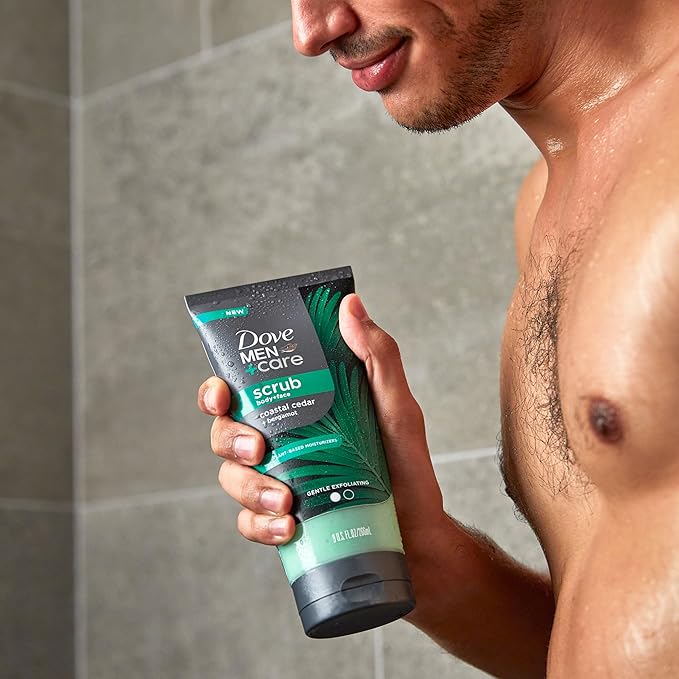 Dove Men+Care Body and Face Scrub Costal Cedar Deeply Exfoliates for Hydrated & Nourished Skin 100% Gentle Cleanser, No Sulfate Cleansers or Parabens, 98% Biodegradable Formula 9 oz