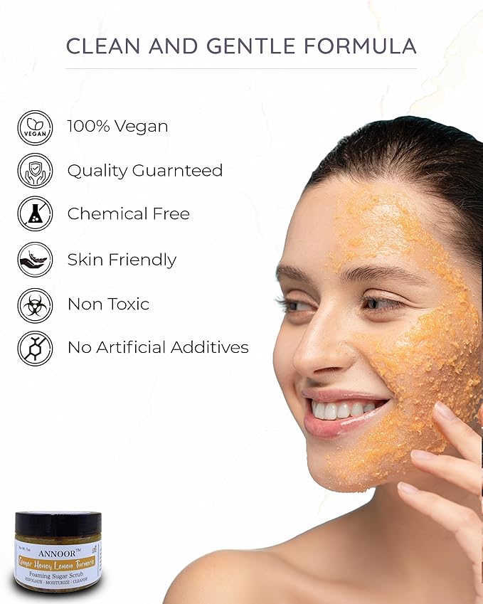 Foaming Sugar Scrub by Annoor - 7 Oz|Ginger, Honey, Lemon, Turmeric |No Parabens, Sulphates, No Harmful Chem |Face and Body Exfoliating