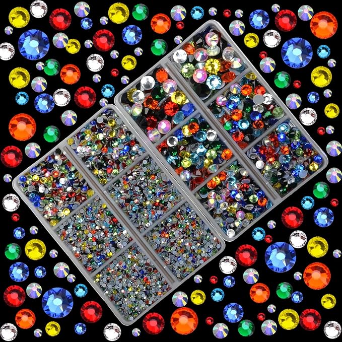 10000Pcs 2-Boxes Mixed Size Hot Fix Round Crystals Gems Glass Stones Hotfix Flat Back Rhinestones with Tweezers and Picking Pencil (Multi Color)