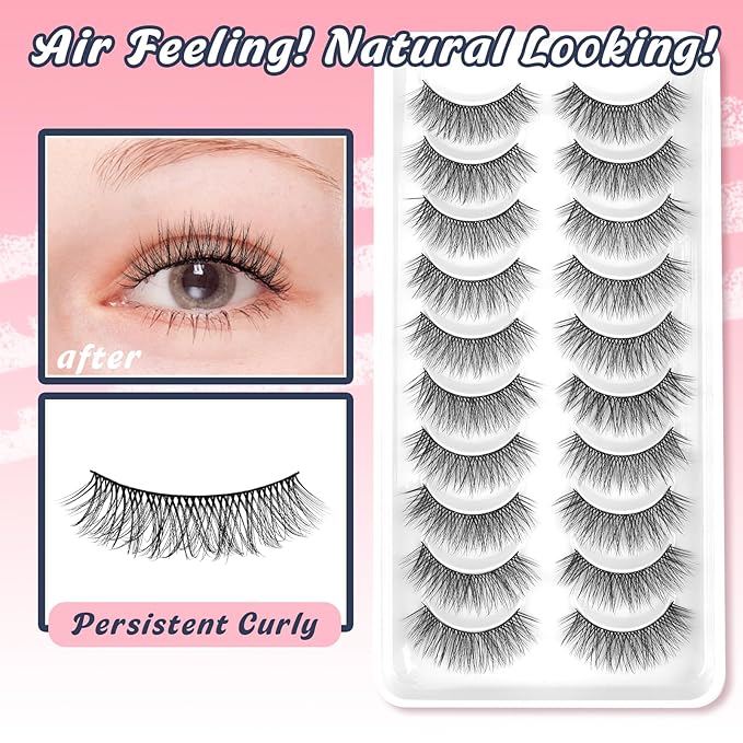 Natural Lashes Wispy False Eyelashes Short Lashes Soft Strip Lashes C Curl Eye Lashes Natural 10mm Short Eyelashes 10 Pair Eye Lashes Pack Siligli