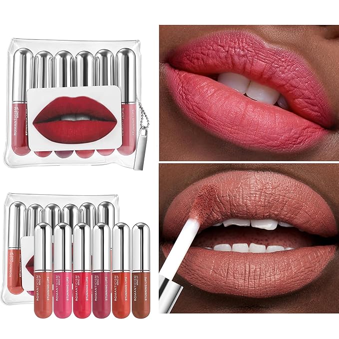 6Pcs Matte Liquid Waterproof Lipstick Set Long Lasting Lipstick For Up To 12HR Wear, Moisturizing Capsule Tube Shape Lip Gloss Red Smooth Lip Stick Christmas Gift Set for Women/Girls, Set B