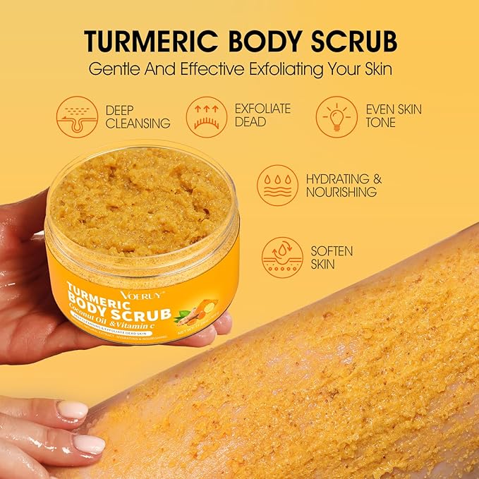 Body Scrub,Turmeric Exfoliating Body Scrub, with Coconut Oil & Vitamin C, Bikini Area Exfoliator Gently Exfoliate Body Hand and Foot Scrub, Moisturized Skin for Women and Men, 11.28oz/320g