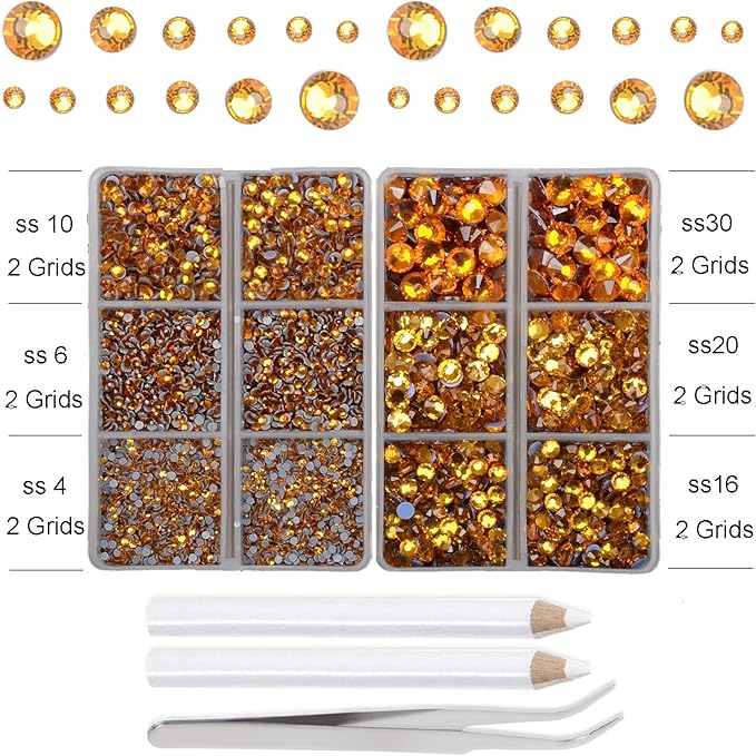 10000Pcs 2-Boxes Mixed Size Hot Fix Round Crystals Gems Glass Stones Hotfix Flat Back Rhinestones with Tweezers and Picking Pencil (Topaz)