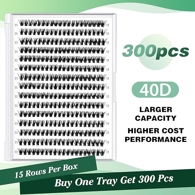 Lash Clusters 300pcs Individual Lashes 40D 0.07D Curl 11mm DIY Eyelash Extension KEYYOU Large Tray Volume Soft&Natural Cluster Lashes(40D-0.07D,11)