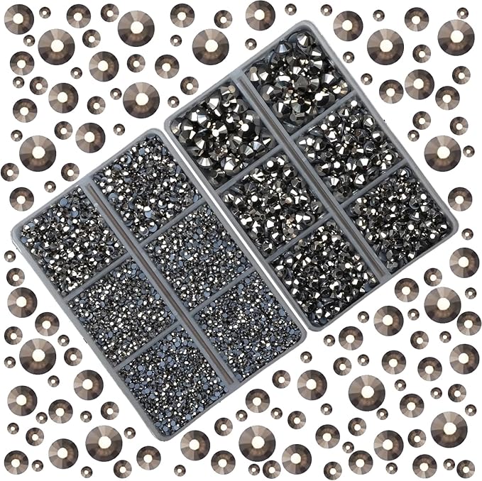 10000Pcs 2-Boxes Mixed Size Hot Fix Round Crystals Gems Glass Stones Hotfix Flat Back Rhinestones with Tweezers and Picking Pencil (Silver Flare)