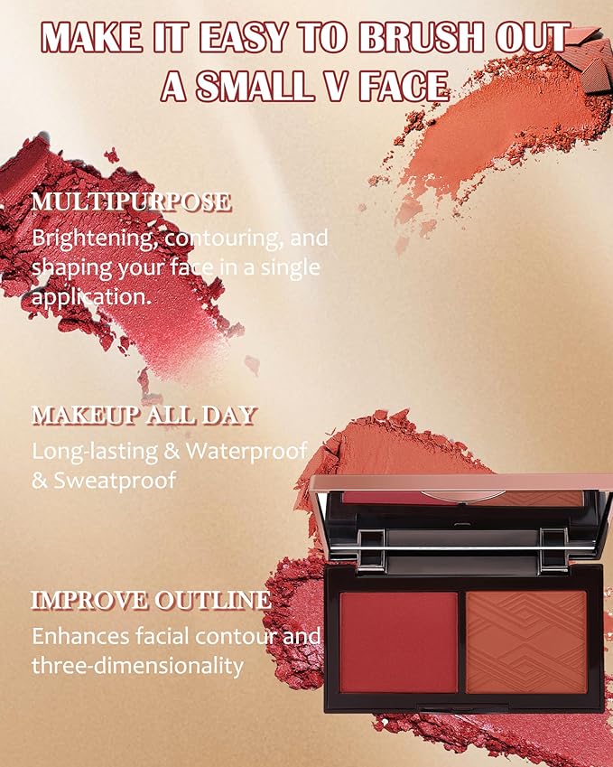 Matte Blush Powder Palette-2Colors Cruelty-Free Buildable Facial Cheek Blusher Pressed Powder Light Luxury Blush Contour Palette for Face,Longlasting Makeup Palette,Women's Day Gift for Women-04