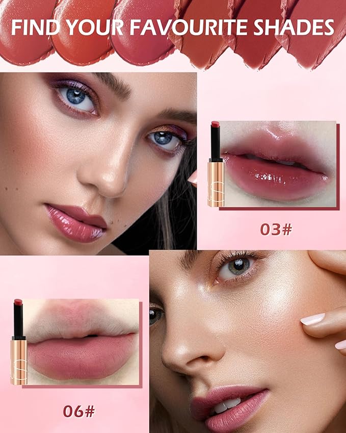 Matte & Hydrating Lipstick Kit-2Pcs Nude Red Lipcolor Moisturizing Velvet Tinted Lip Balm Lip Tint Stain, Non-stick Cup Longlasting Waterproof Lip Gloss Lipgloss Lipstain,Makeup Gift for Women-03+06