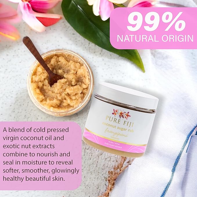 Pure Fiji Coconut Sugar Body Scrub - Body Exfoliator Scrub Natural Origin for Smooths and Softens Skin - Organic Exfoliating Sugar Scrub for Body, Frangipani, 15.5 Oz