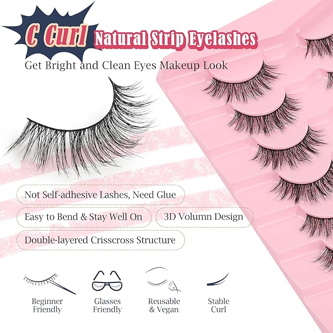 Natural Lashes False Eyelashes Wispy 16mm Fluffy Eyelash C Curl Weightless Lash Pack 0.1MM Thin Band 3D Volume Soft Lashes Siligli 7 Pair