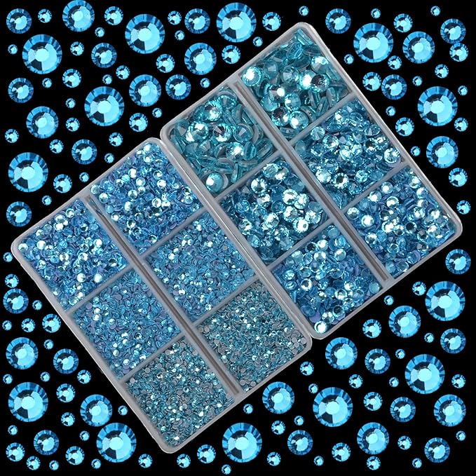 10000Pcs 2-Boxes Mixed Size Hot Fix Round Crystals Gems Glass Stones Hotfix Flat Back Rhinestones with Tweezers and Picking Pencil (Aquamarine)
