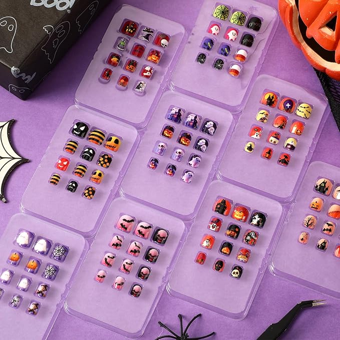 108Pcs Halloween Fake Press on Nails for Kids, Acrylic Full Cover False Press on Nails Girls Stick on Nails for Kids Children Halloween Birthday Party Favors Gift Nail Art Decoration(9 Pack)