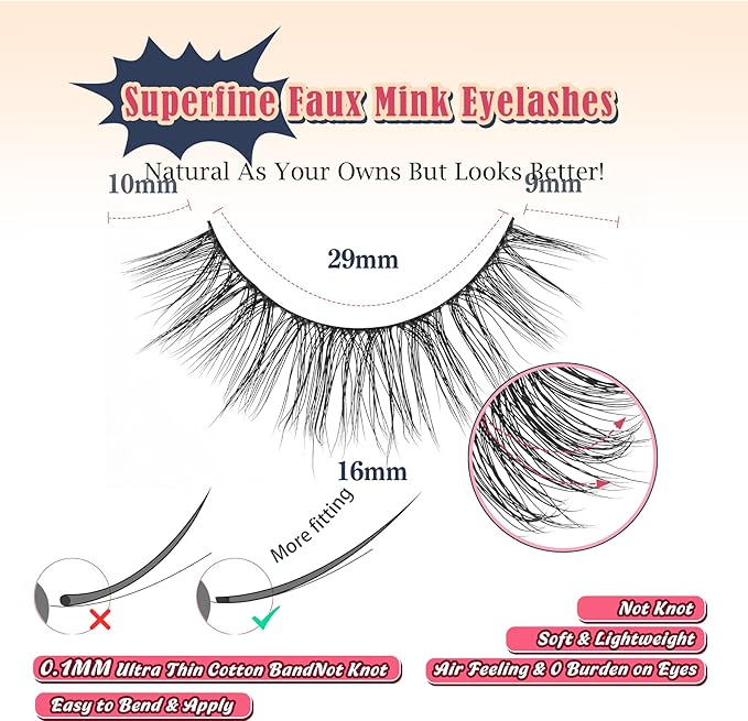 Natural Lashes False Eyelashes Wispy 16mm Fluffy Eyelash C Curl Weightless Lash Pack 0.1MM Thin Band 3D Volume Soft Lashes Siligli 7 Pair