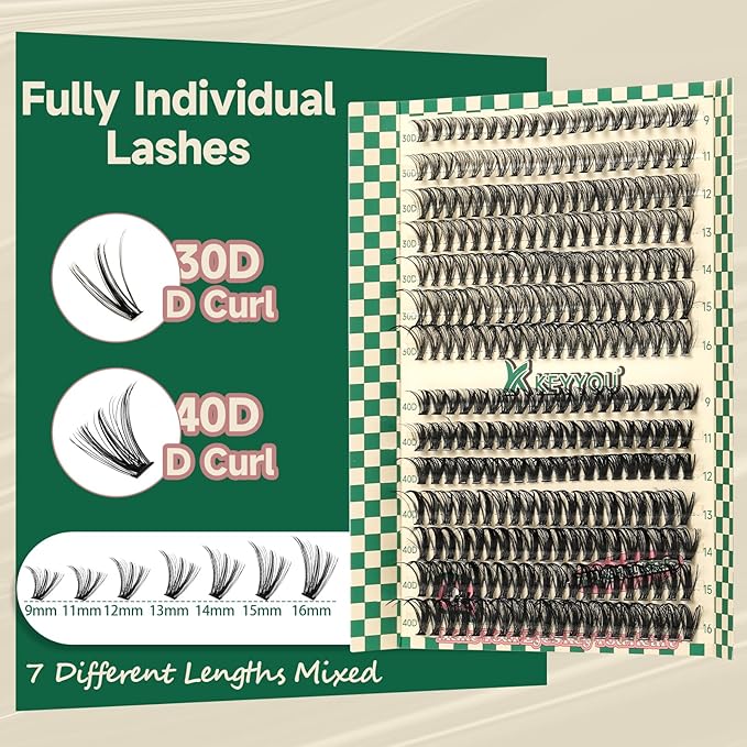 DIY Lash Extension Kit 280pcs Individual Lashes D Curl Eyelash Extension Kit KEYYOU 30D+40D 9-16Mix Lash Clusters with Lash Bond and Seal and Lash Applicator for DIY at Home(KIT-30D40D-0.07D-9-16Mix)