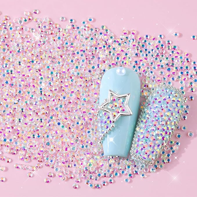 10000Pcs Tiny Rhinestones 1.2mm Clear AB Flatback Glass Pixie Crystals, Iridescent Gems Long Lasting Shine Small Sugar Beads Dust Charms for Nail Design DIY Crafts Accessories