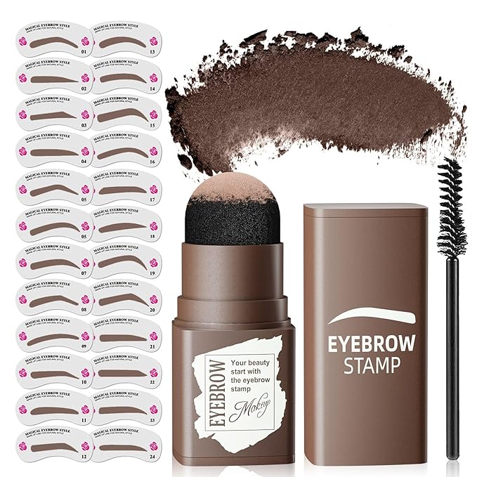 Eyebrow Stamp Stencil Kit - Long-Lasting Eyebrow Powder with Blush, Waterproof & Smudge-Proof Brow Shaping Kit with 24 Reusable Thin & Thick Eyebrow Stencils for Voluminous Brow (Dark Brown)