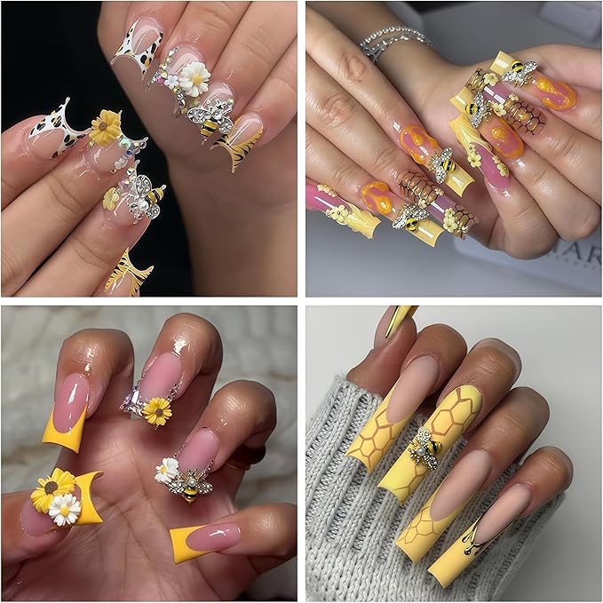 100PCS Nail Charms and Gems Gold Bee Yellow Flower for Nails Design,3D Daisy Y2k Nail Jewels Bulk Nail Art Decor Set