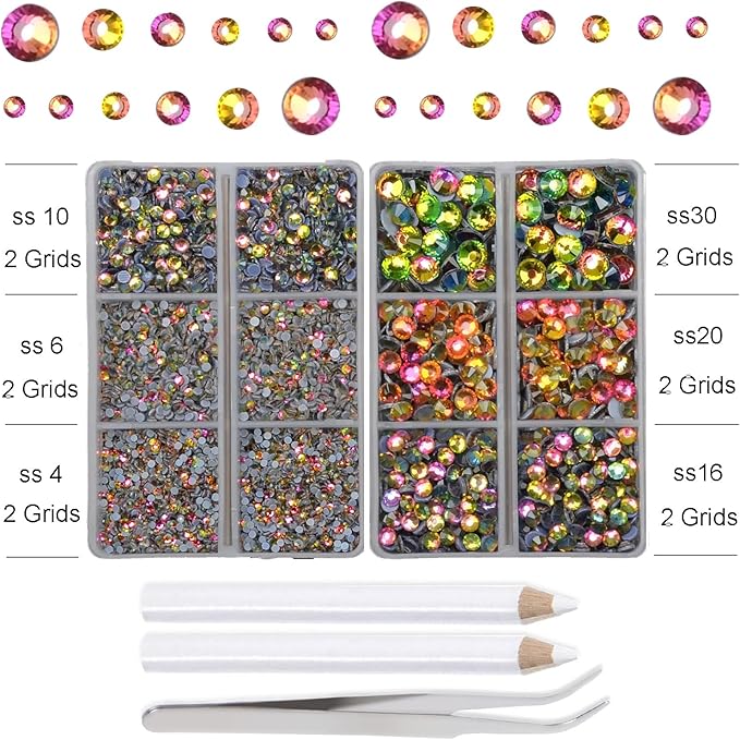 10000Pcs 2-Boxes Mixed Size Hot Fix Round Crystals Gems Glass Stones Hotfix Flat Back Rhinestones with Tweezers and Picking Pencil (Vitrail Medium)