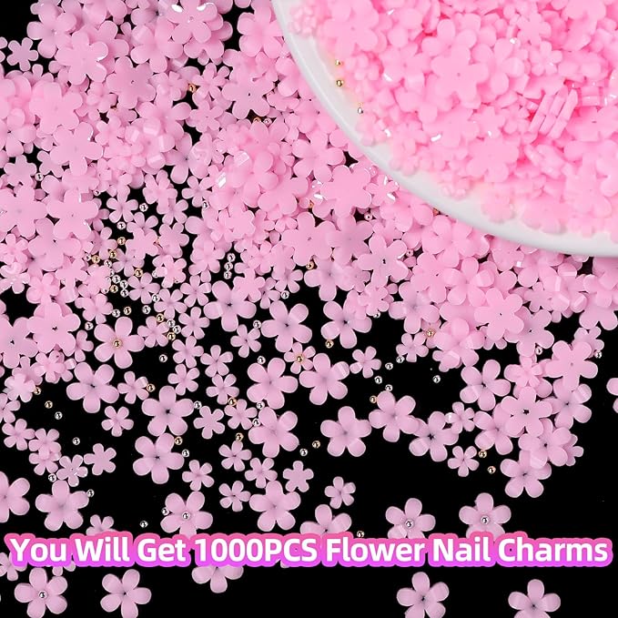 1000 Pcs Pink Colors Acrylic Flower Charms for Nails, Mix Sizes 3D Flowers Nail Charm, Flower Nail Art Charms with Caviar Beads, Blossom Spring Flowers Gems for Nails Art DIY