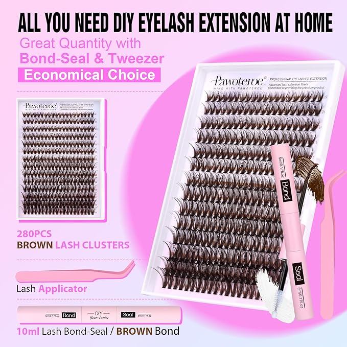 Pawotence Lash Extension Kit DIY 280pcs Brown Lash Clusters Eyelash Extension Kit 40D 9-16mm Individual Lashes Kit with Lash Bond and Seal Lash Tweezers for Self Use (Brown 40D, 9-16mm, Kit)