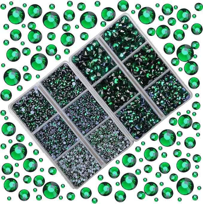 10000Pcs 2-Boxes Mixed Size Hot Fix Round Crystals Gems Glass Stones Hotfix Flat Back Rhinestones with Tweezers and Picking Pencil (Emerald)