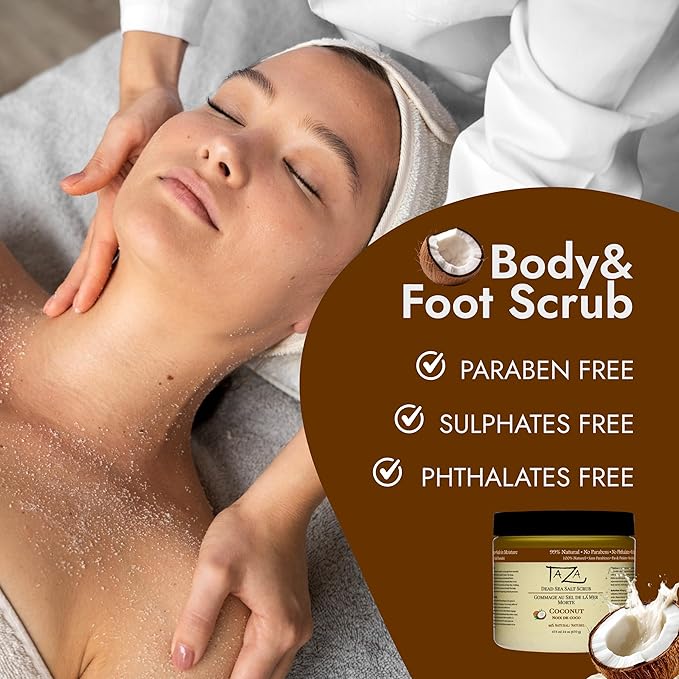 Premium Taza Coconut Dead Sea Salt Scrub, 473 ml 24 oz (670 g) Exfoliates Your Skin Leaving it Soft and Hydrated Contains: Coconut Oil, Shea Butter, Grapeseed Oil, Sweet Almond Oil, 26 Minerals