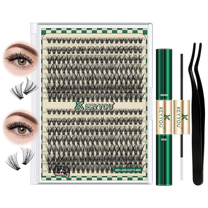 DIY Lash Extension Kit 280pcs Individual Lashes D Curl Eyelash Extension Kit 40D+50D 9-16Mix Natural Lash Clusters with Lash Bond and Seal and Lash Applicator for DIY at Home(KIT-40D50D-0.07D-9-16Mix)