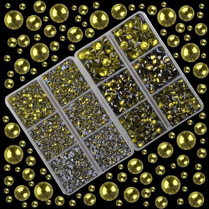 10000Pcs 2-Boxes Mixed Size Hot Fix Round Crystals Gems Glass Stones Hotfix Flat Back Rhinestones with Tweezers and Picking Pencil (Olivine)