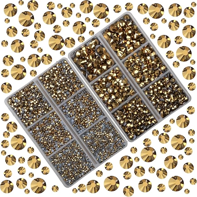 10000Pcs 2-Boxes Mixed Size Hot Fix Round Crystals Gems Glass Stones Hotfix Flat Back Rhinestones with Tweezers and Picking Pencil (Mine Gold)